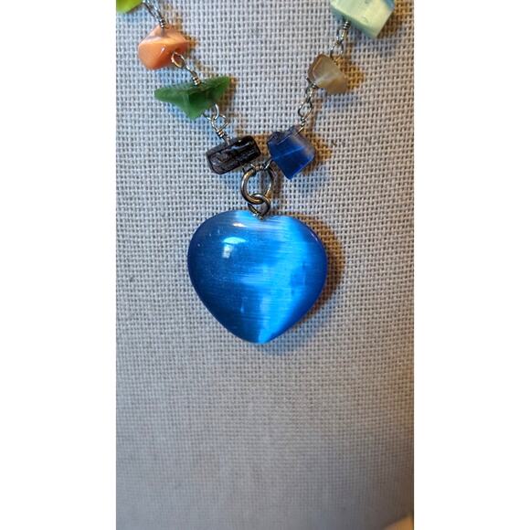 Blue Glass Heart Double Strand Glass Chip Beaded Necklace - Picture 3 of 7
